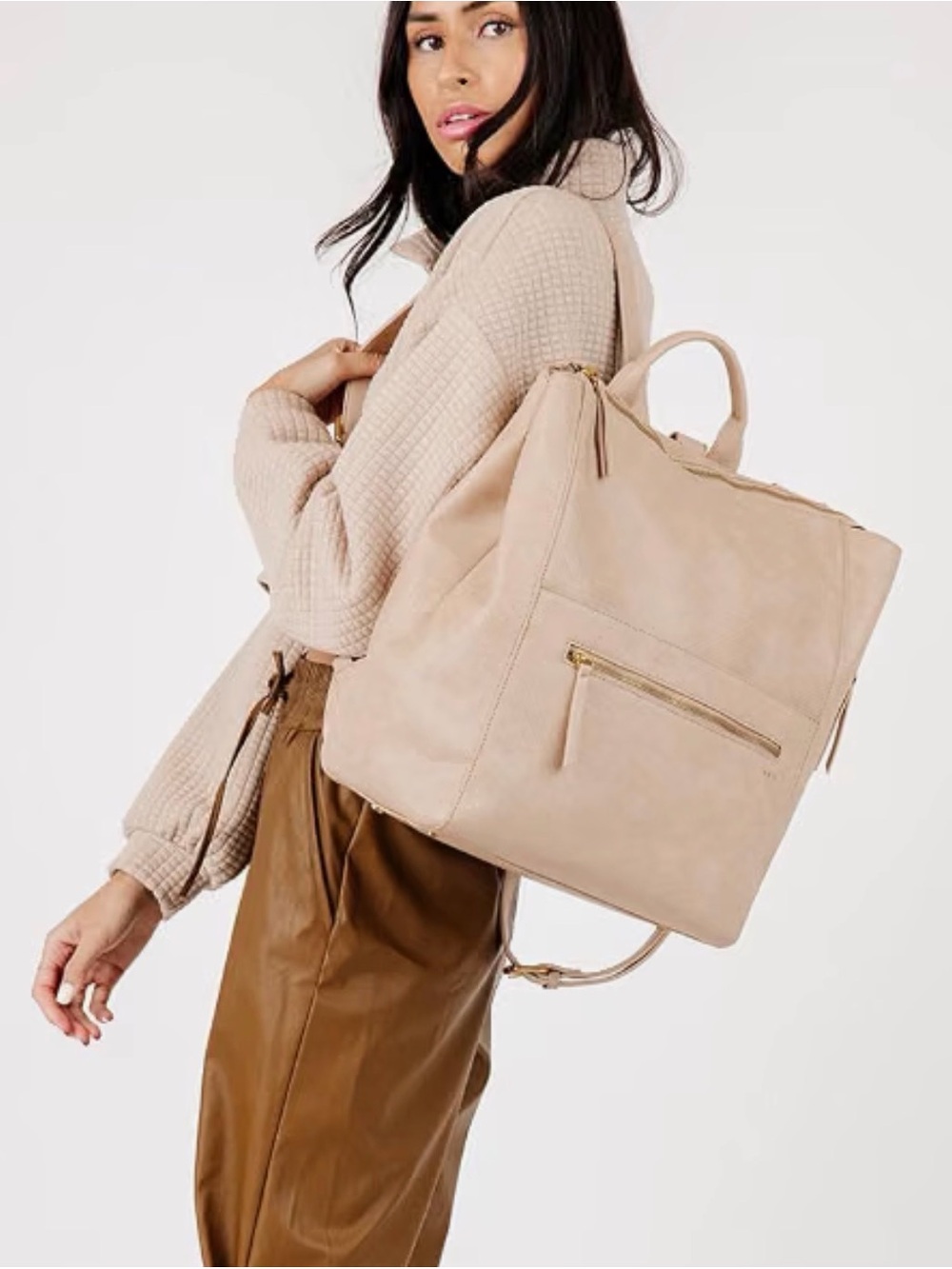 Fawn Design Beige Leather Baby Diaper Bag Backpack Tote